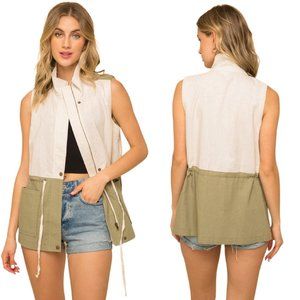Hem & Thread Linen Colorblock Utility Vest Olive
